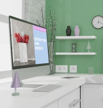 Workspace at home with a desktop computer 3d rendering mockup.Mo Illustrazione stock
