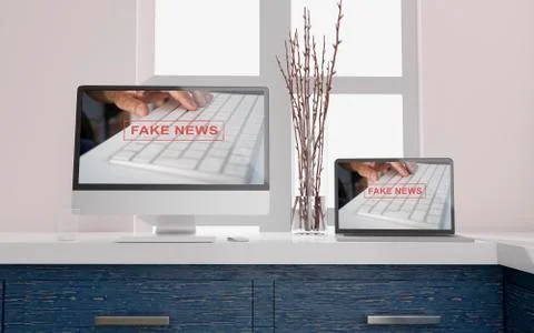 Workspace at home with a desktop computer 3d rendering Fake news mockup.Moder Stock Illustration