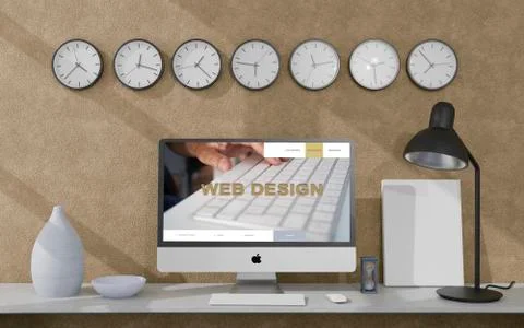 Workspace at home with a desktop computer 3d rendering mockup.Modern Web resp Stock Illustration