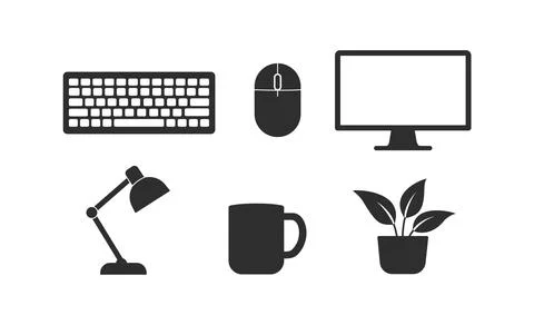 Workspace icon set with office desk computer and work essentials Stock Illustration