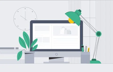 Workspace illustrator in flat design. Desktop computer in floating table with Illustrazione stock