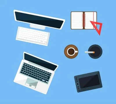 Workspace Items with Computer, Laptop, Tablet, Notepad, Coffee Cup and Ash Tray Stock-Illustration