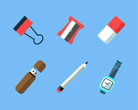 Workspace Items with USB Flash Drive, Watch, Pencil, Paperclip and Sharpener Top Stock Illustration