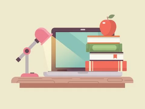 Workspace laptop and book stack flat style Stock Illustration