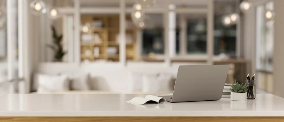 Workspace with a laptop computer and accessories on a white tabletop in a m.. イラスト素材