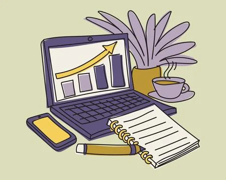 Workspace laptop growth chart notebook coffee plant vector illustration Stock Illustration