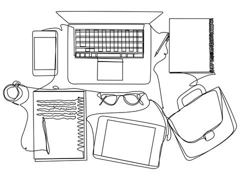 Workspace with laptop, tablet, smartphone and documents in one line on a wh.. Stock Illustration
