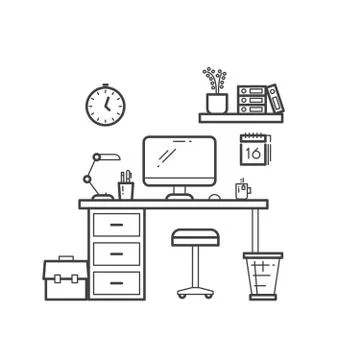 Workspace line concept - outline workplace with computer on white background Illustrazione stock