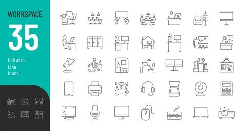 Workspace line editable icons set. Stock Illustration
