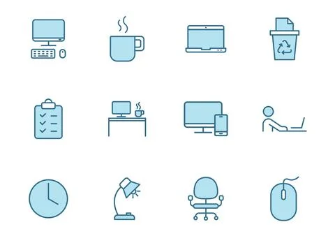 Workspace linear vector icons in two colors isolated on white background. Illustrazione stock