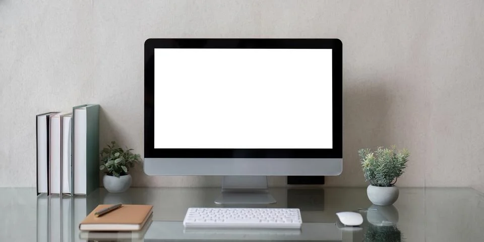 Workspace mock up desktop computer on table. copy space and blank screen Stock Photos