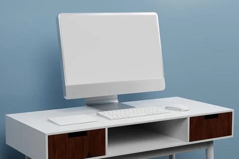 Workspace with mockup blank screen laptop computer. 3D Rendering. Illustrazione stock