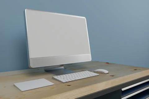Workspace with mockup blank screen laptop computer. 3D Rendering. Stock Illustration