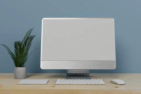 Workspace with mockup blank screen laptop computer. 3D Rendering. Ilustración de archivo