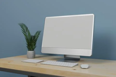 Workspace with mockup blank screen laptop computer. 3D Rendering. Illustrazione stock