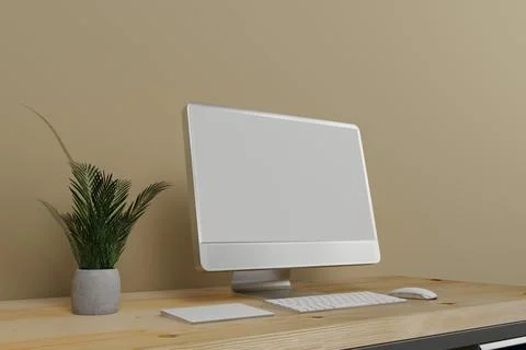 Workspace with mockup blank screen laptop computer. 3D Rendering. Ilustración de archivo