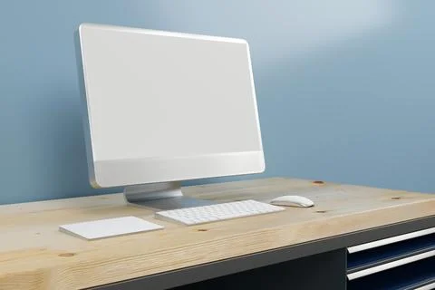 Workspace with mockup blank screen laptop computer. 3D Rendering. Ilustración de archivo