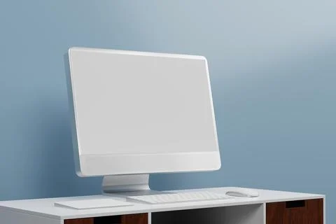 Workspace with mockup blank screen laptop computer. 3D Rendering. Ilustración de archivo