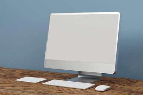 Workspace with mockup blank screen laptop computer. 3D Rendering. Illustrazione stock