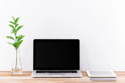 Workspace mockup with desktop computer screen isolated. Stock Photos