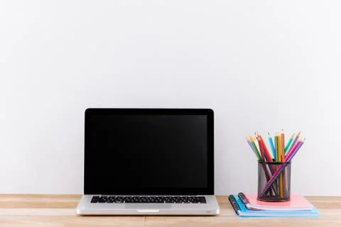 Workspace mockup with desktop computer screen isolated. Stock Photos