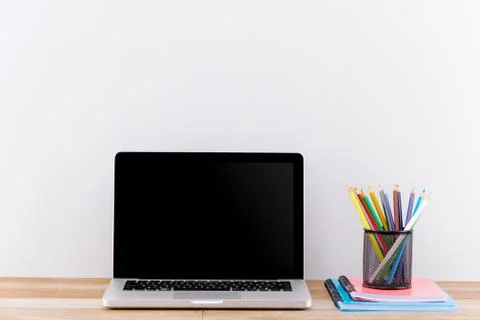 Workspace mockup with desktop computer screen isolated. Stock Photos