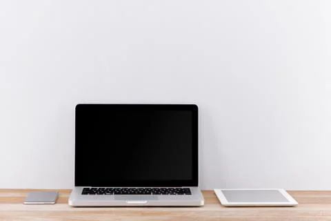 Workspace mockup with desktop computer screen isolated. Stock Photos