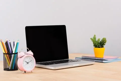 Workspace mockup with desktop computer screen isolated. Stock Photos