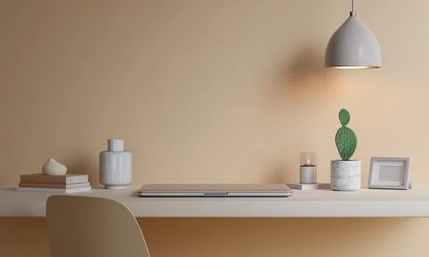 Workspace notebook computer, minimal bright classic interior. 3d render Stock Photos