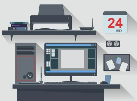 Workspace Office Computer Creative Flat Design, Vector Illustration Illustrazione stock