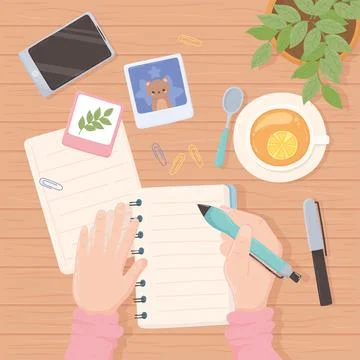Workspace office hands written with pen, mobile tea cup and plant top view 库存插图
