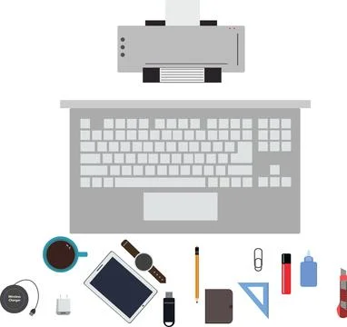 Workspace office tools set, essential graphic flat design Stock Illustration