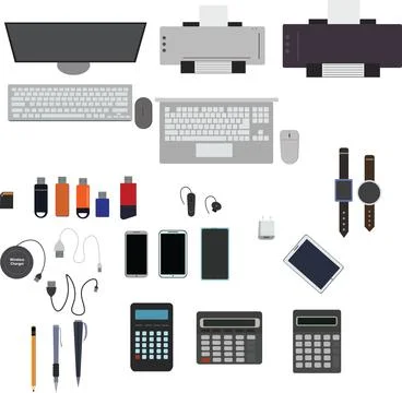 Workspace office tools set, essential graphic flat design Stock Illustration