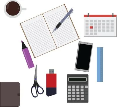 Workspace office tools set, essential graphic flat design Stock Illustration