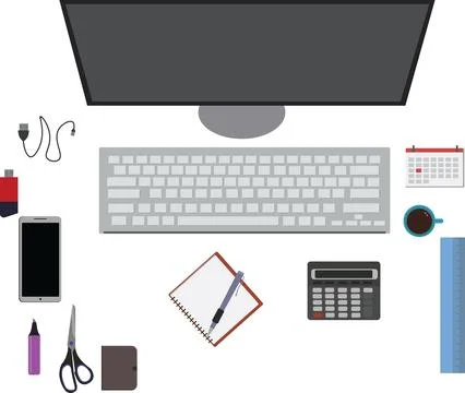 Workspace office tools set, essential graphic flat design Stock Illustration