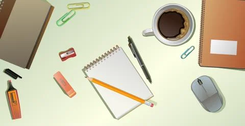 Workspace office top view. Vector background image of table. Supplies. Desk, Stock Illustration