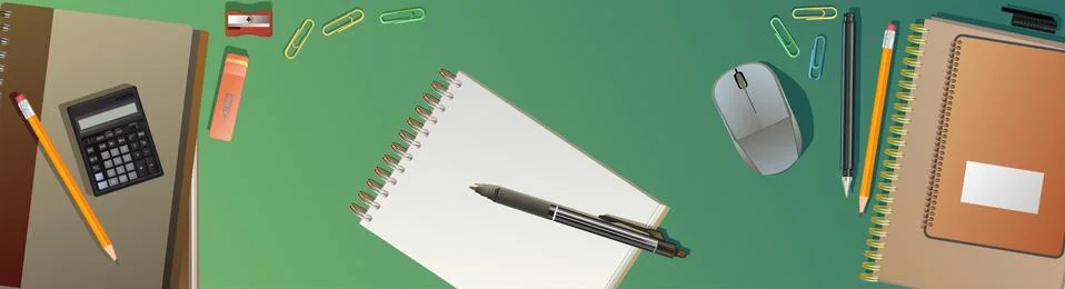 Workspace office top view. Vector background image of table. Supplies. Desk, Stock Illustration