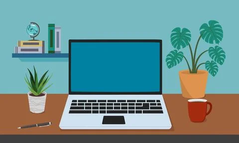 Workspace or study area with a laptop Plant Illustrations Stock Illustration