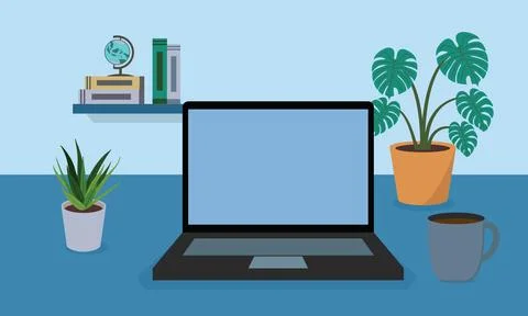 Workspace or study area with a laptop Plant Illustrations Stock Illustration