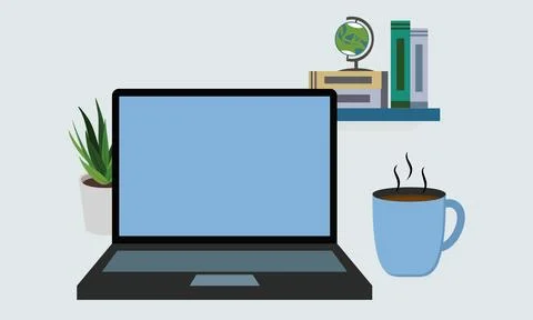 Workspace or study area Laptop with mug of coffee Stock Illustration
