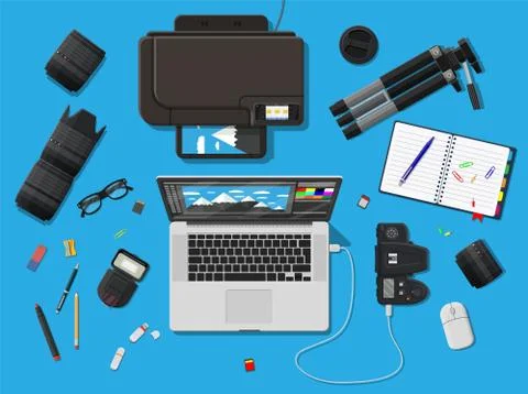 Workspace of photographer. Stock Illustration