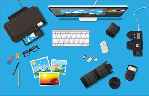 Workspace of photographer. Stock Illustration