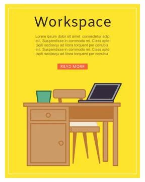 Workspace poster, office desk interior vector illustration.Business design Stock Illustration