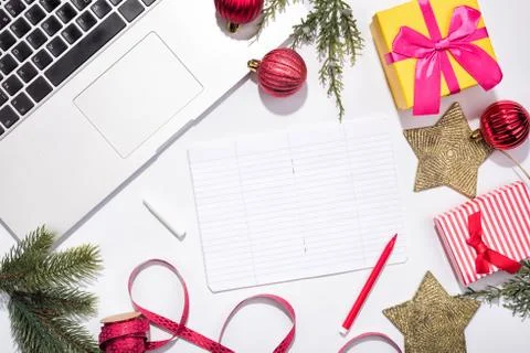 Workspace with Red baubles and tree branches. Stock Photos