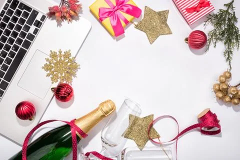 Workspace with Red baubles and tree branches. Stock Photos