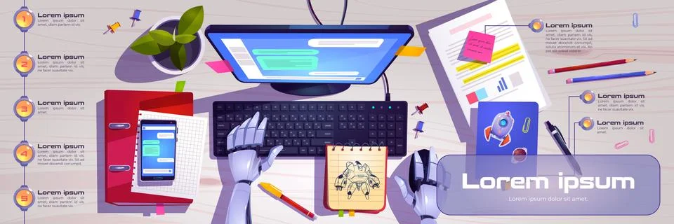 Workspace with robot hands working on computer Stock Illustration