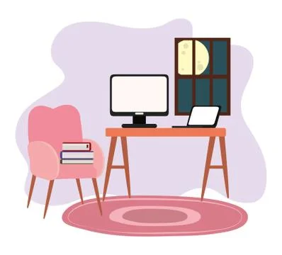 Workspace room home desk computer laptop chair book window イラスト素材