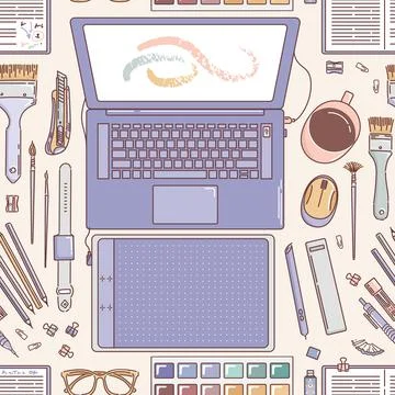 Workspace seamless pattern. Desktop of an artist or designer, laptop, Paints and Illustrazione stock