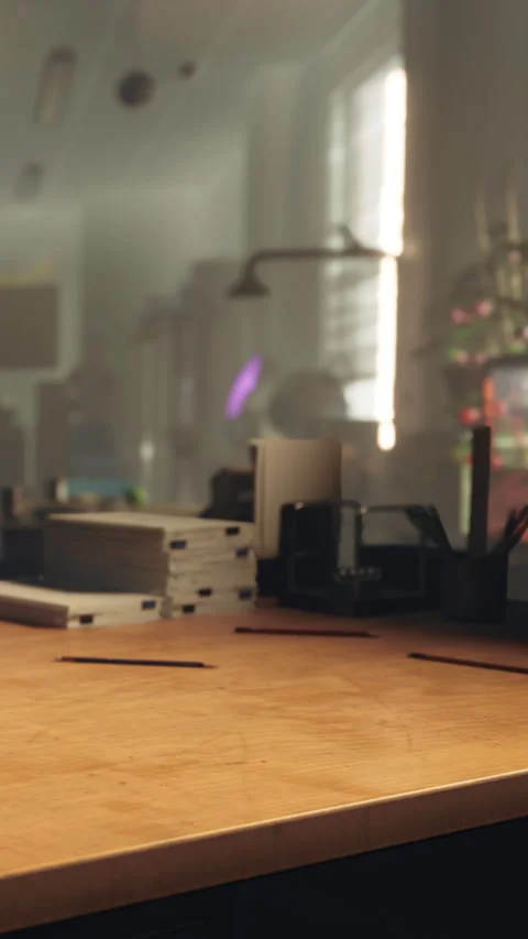 Workspace setup with desk items and background workspace activity Stock Footage 341239937