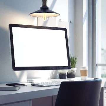 Workspace with silver modern computer. 3d rendering 스톡 일러스트